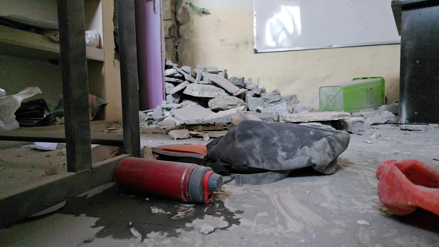 Rubble inside a classroom